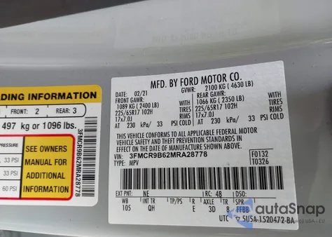 2021 Ford Bronco Sport Big Bend from USA, damaged, VIN 3FMCR9B62MRA28778